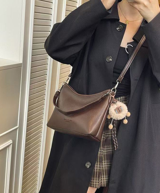 Handmade Brown Fuzzy Ball Decorated Faux Leather Side Pack