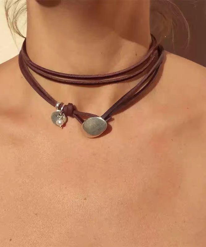 Handmade Brown Leather Strap Alloy Turquoise Multi-Layer Necklace - Omychic