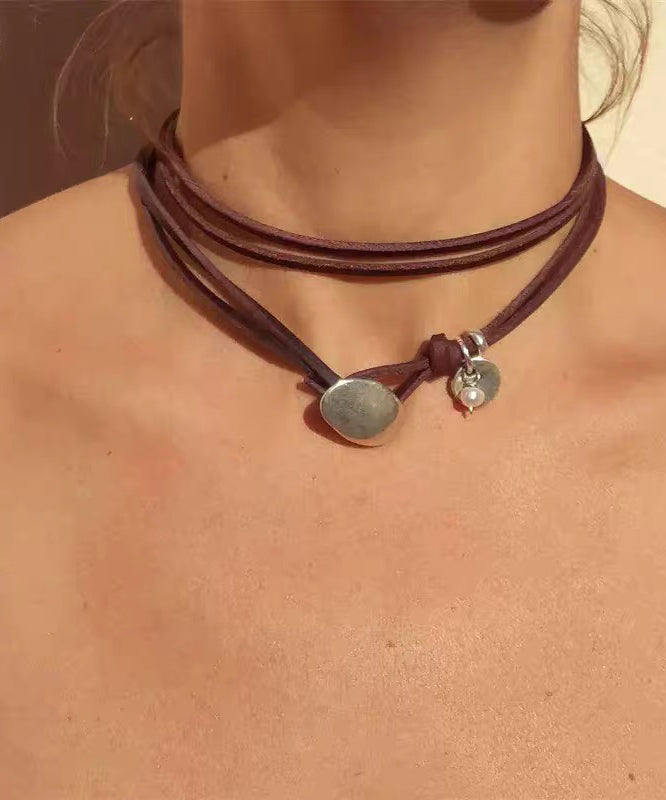 Handmade Brown Leather Strap Alloy Turquoise Multi-Layer Necklace - Omychic