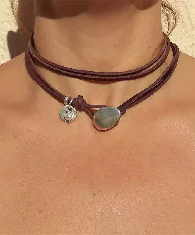 Handmade Brown Leather Strap Alloy Turquoise Multi-Layer Necklace - Omychic