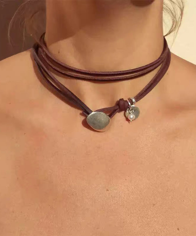 Handmade Brown Leather Strap Alloy Turquoise Multi-Layer Necklace - Omychic