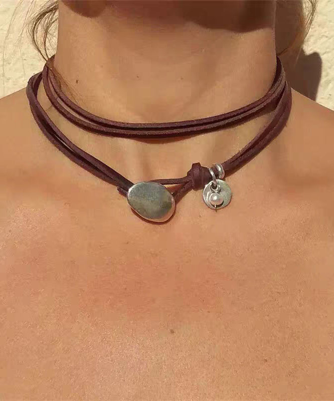 Handmade Brown Leather Strap Alloy Turquoise Multi-Layer Necklace - Omychic