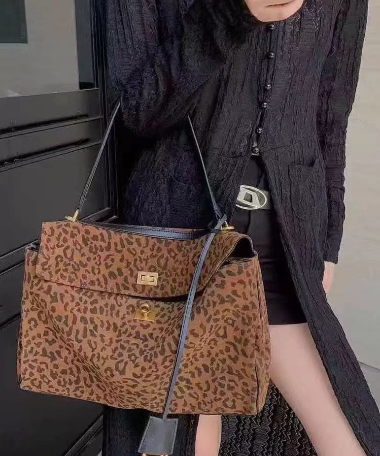 Handmade Brown Leopard Large Capacity Suede Shoulder Bags