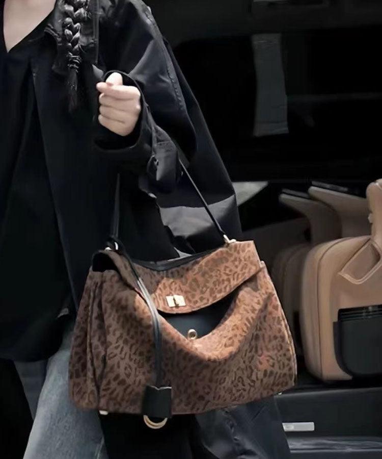 Handmade Brown Leopard Large Capacity Suede Shoulder Bags