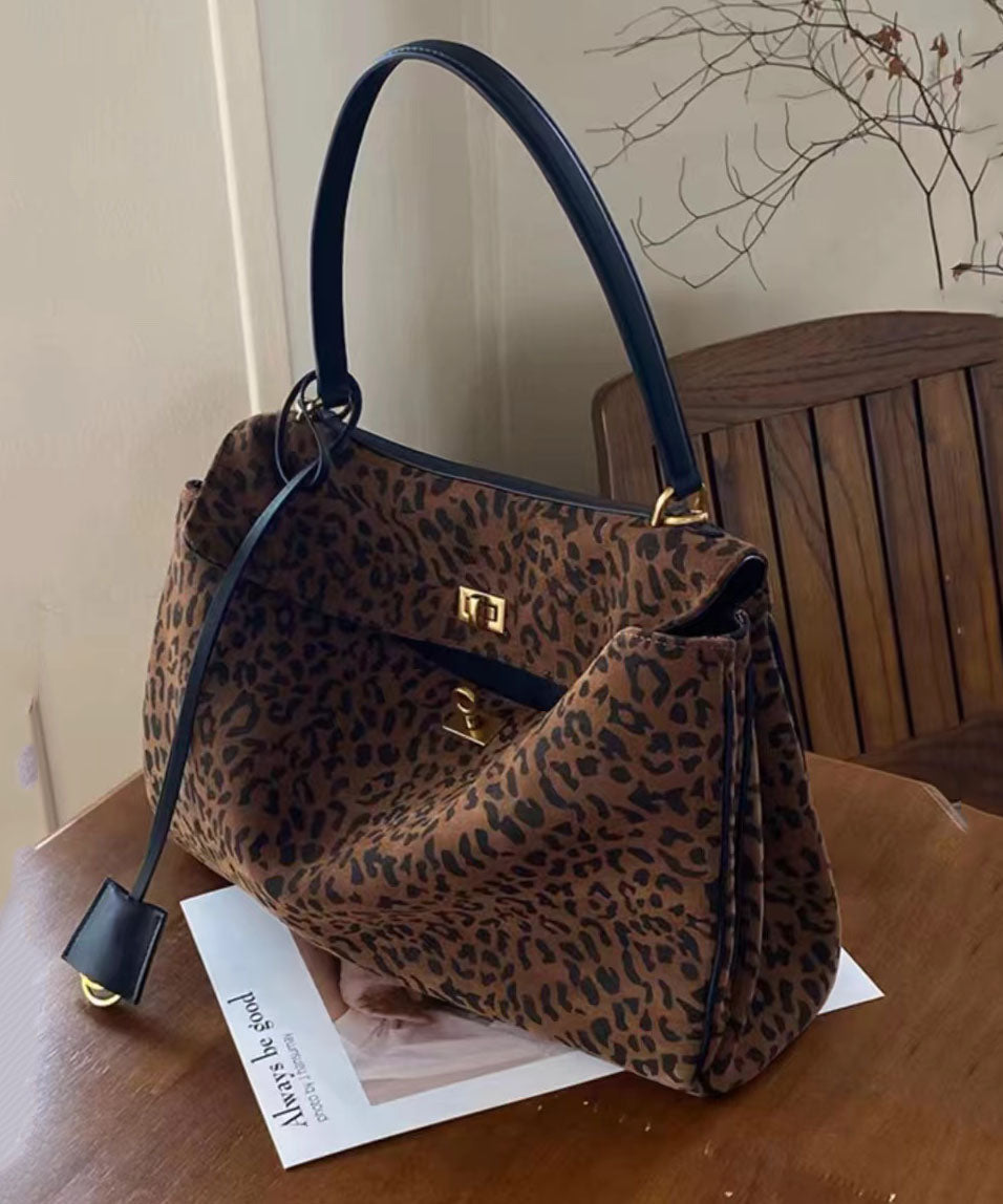 Handmade Brown Leopard Large Capacity Suede Shoulder Bags