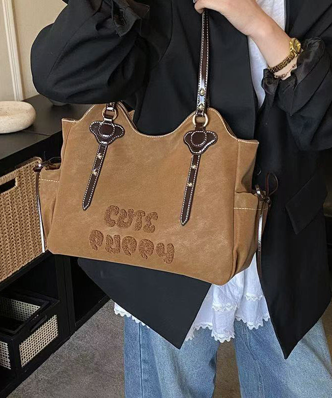 Handmade Brown Letter Embroidered Faux Leather Shoulder Bags