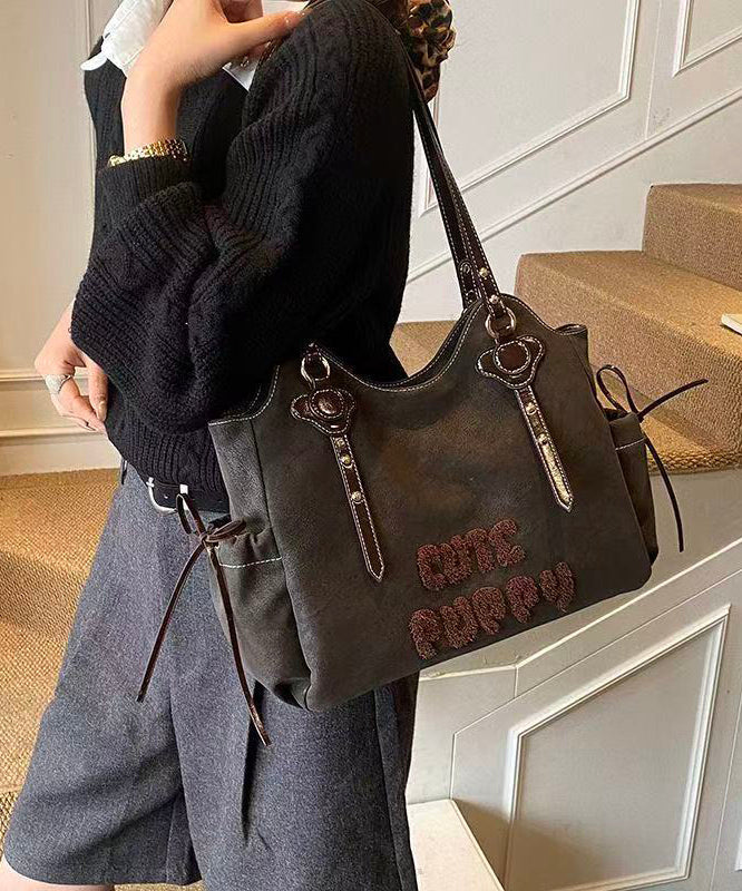 Handmade Brown Letter Embroidered Faux Leather Shoulder Bags