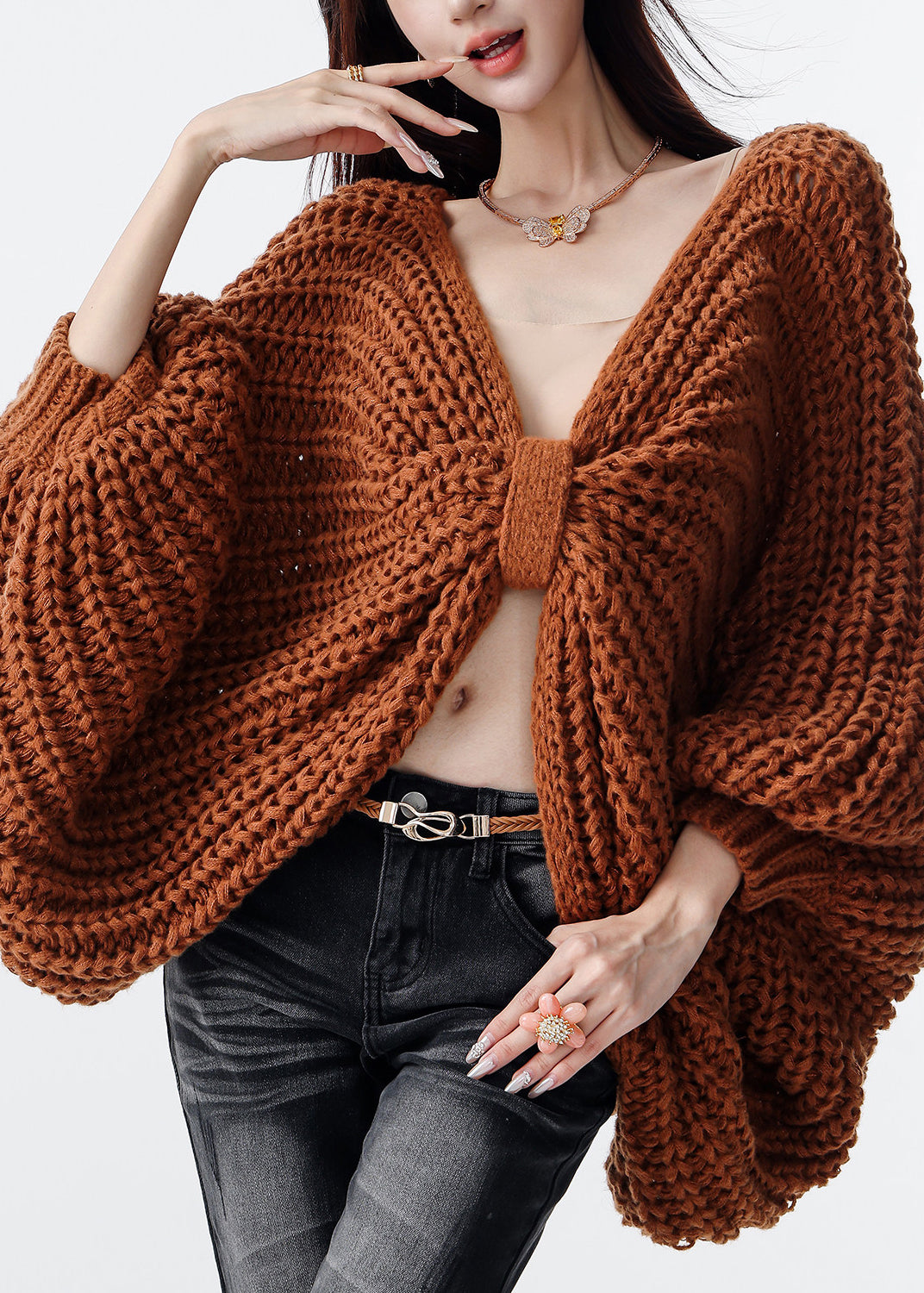 Handmade Brown Oversized Bow Knit Cardigans Fall