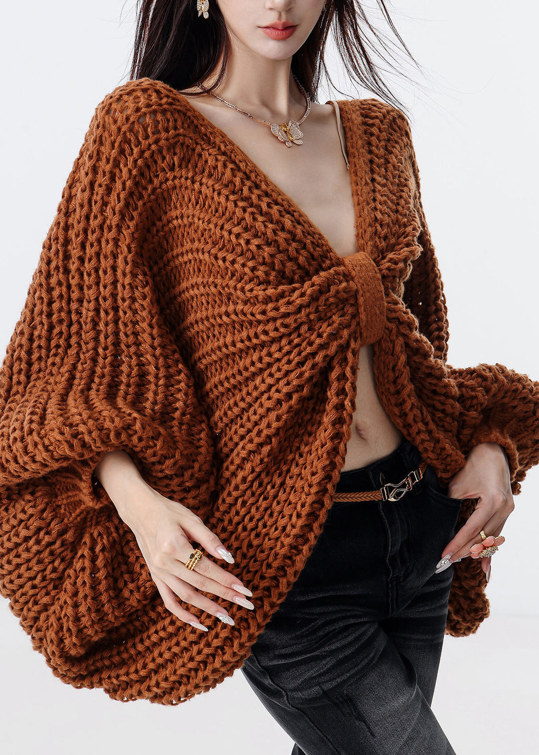Handmade Brown Oversized Bow Knit Cardigans Fall