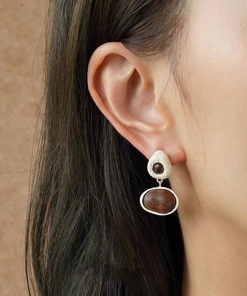 Handmade Brown Sanding Sandalwood Asymmetrical Drop Earrings