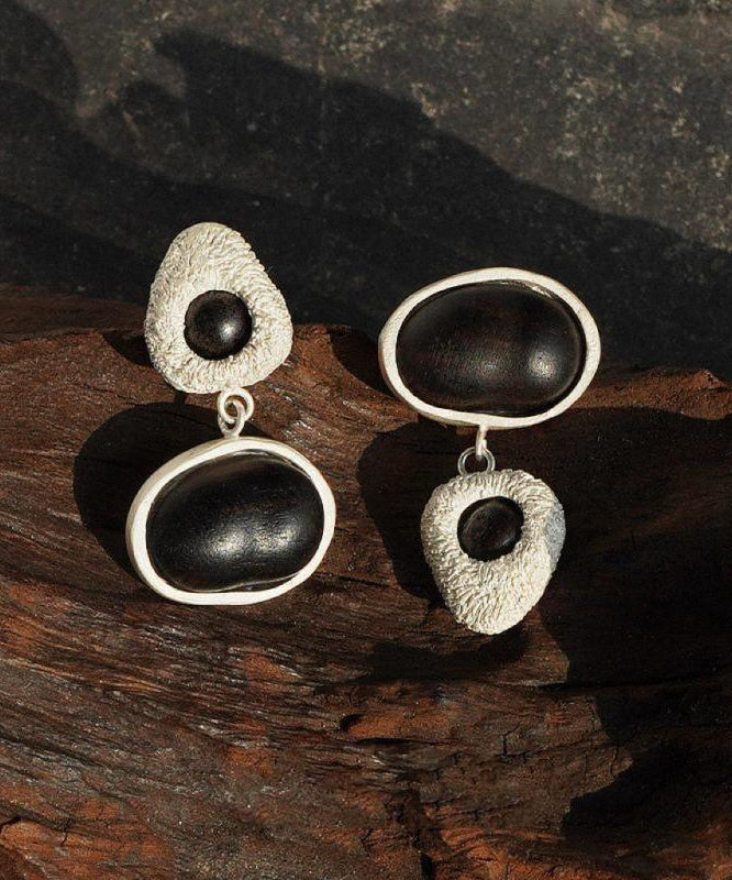 Handmade Brown Sanding Sandalwood Asymmetrical Drop Earrings