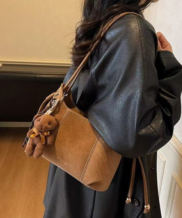 Handmade Brown Solid Durable Pendant Decorated Faux Leather Shoulder Bags