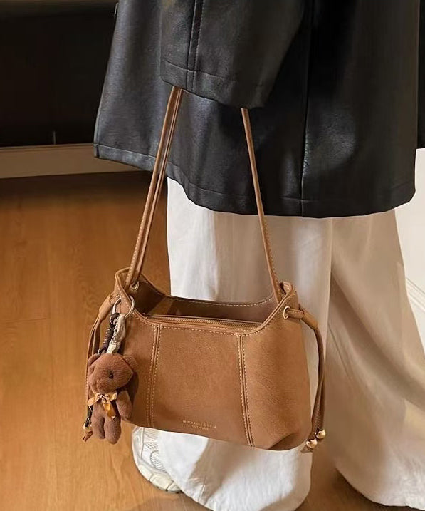 Handmade Brown Solid Durable Pendant Decorated Faux Leather Shoulder Bags