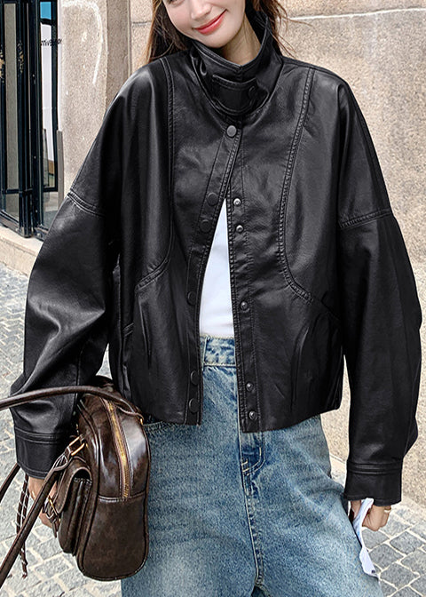 Handmade Brown Stand Collar Oversized Faux Leather Coats Spring