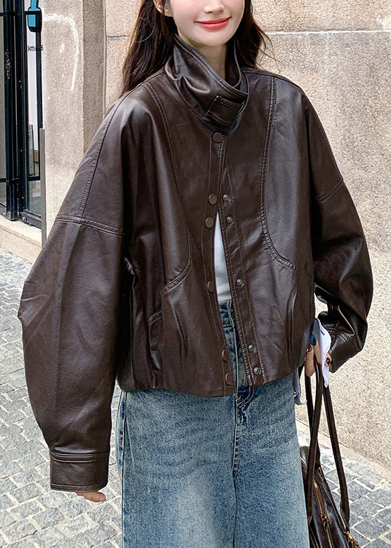 Handmade Brown Stand Collar Oversized Faux Leather Coats Spring