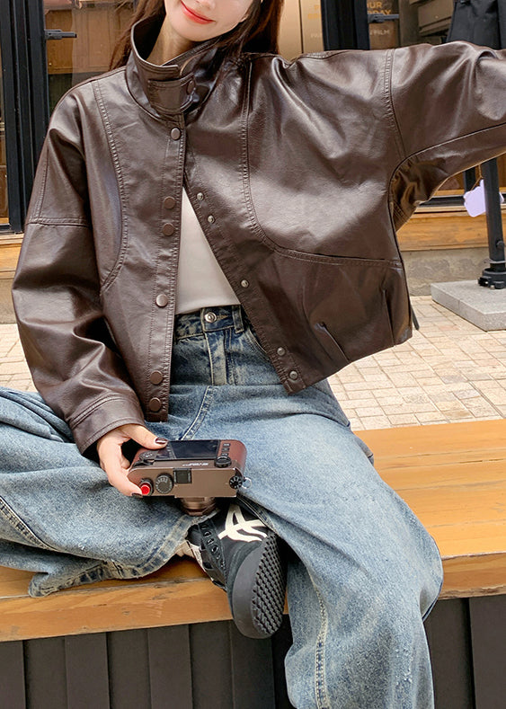 Handmade Brown Stand Collar Oversized Faux Leather Coats Spring