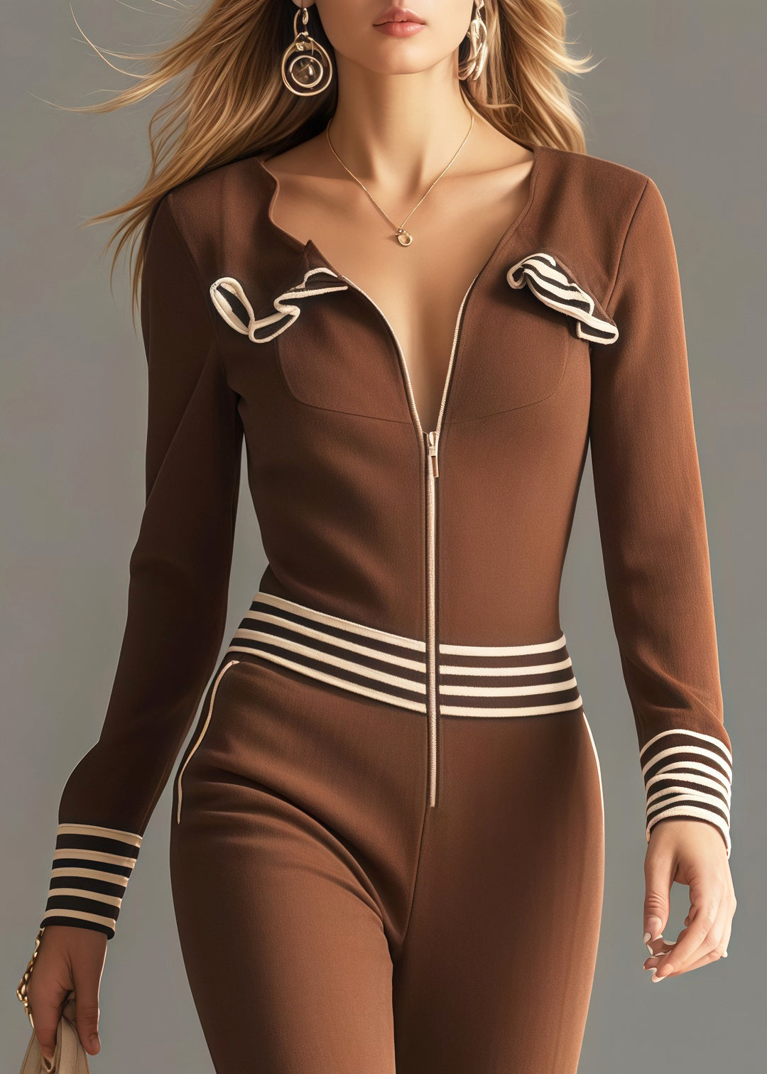 Handmade Brown Zip Up Patchwork Striped Spandex Jumpsuit Spring