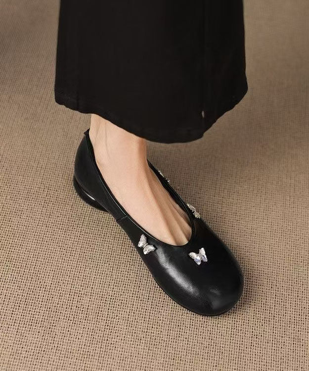 Handmade Butterfly Zircon Penny Loafers Black Cowhide Leather