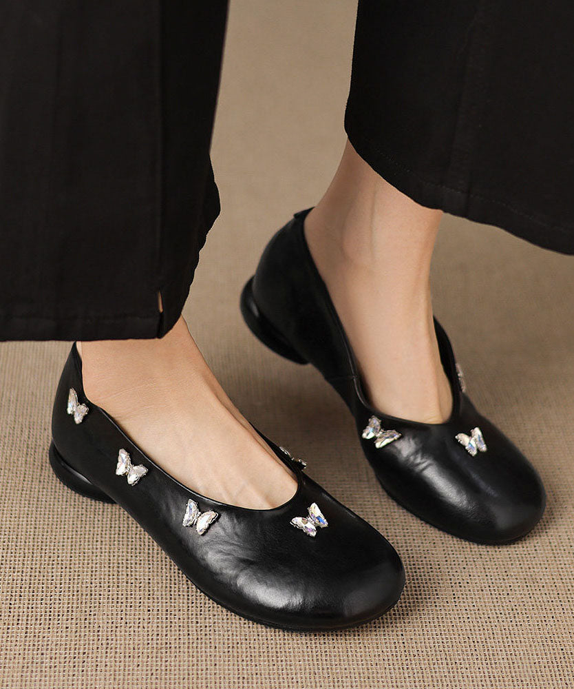 Handmade Butterfly Zircon Penny Loafers Black Cowhide Leather