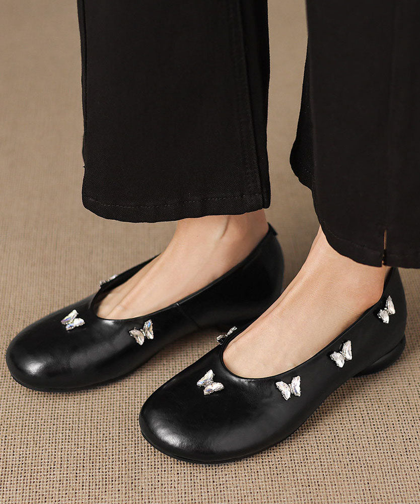 Handmade Butterfly Zircon Penny Loafers Black Cowhide Leather