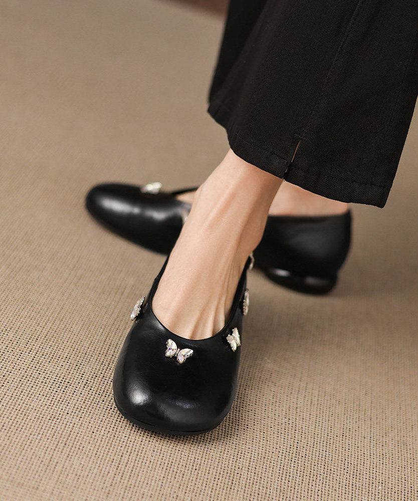 Handmade Butterfly Zircon Penny Loafers Black Cowhide Leather