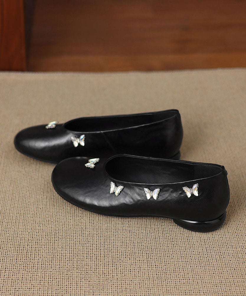 Handmade Butterfly Zircon Penny Loafers Black Cowhide Leather