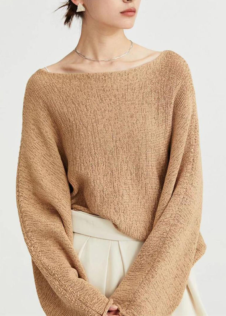 Handmade Camel Slash Neck Hollow Out Knit Top Long Sleeve