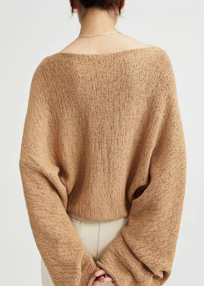 Handmade Camel Slash Neck Hollow Out Knit Top Long Sleeve