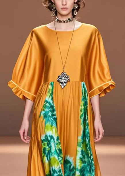 Handmade Caramel Oversized Print Silk Holiday Dress Summer