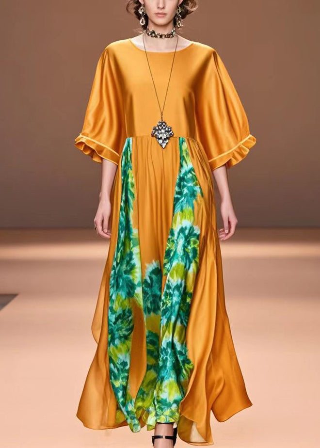 Handmade Caramel Oversized Print Silk Holiday Dress Summer