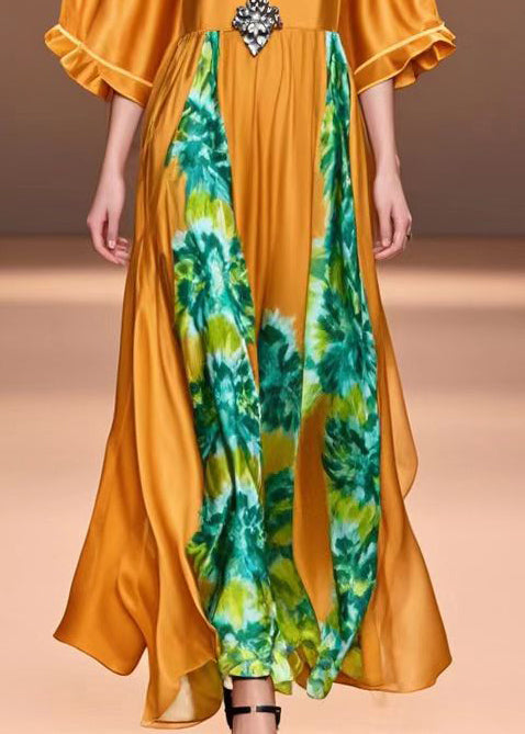 Handmade Caramel Oversized Print Silk Holiday Dress Summer