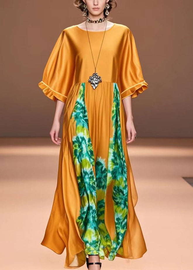 Handmade Caramel Oversized Print Silk Holiday Dress Summer