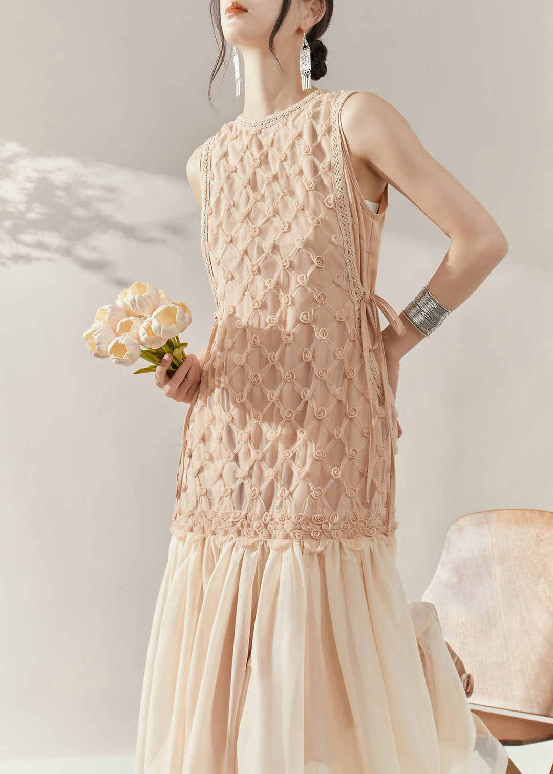 Handmade Champagne O-Neck Tie Waist Tulle Patchwork Long Dress Sleeveless