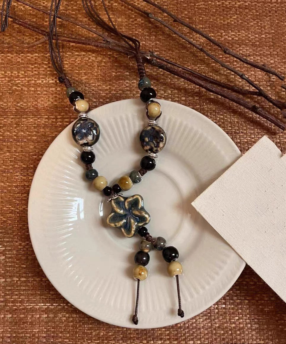 Handmade Coffee Alloy Wax Rope Ceramic Pendant Necklace