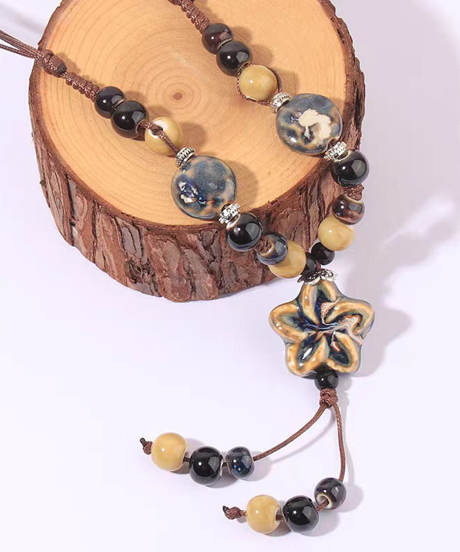 Handmade Coffee Alloy Wax Rope Ceramic Pendant Necklace