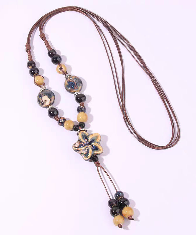 Handmade Coffee Alloy Wax Rope Ceramic Pendant Necklace