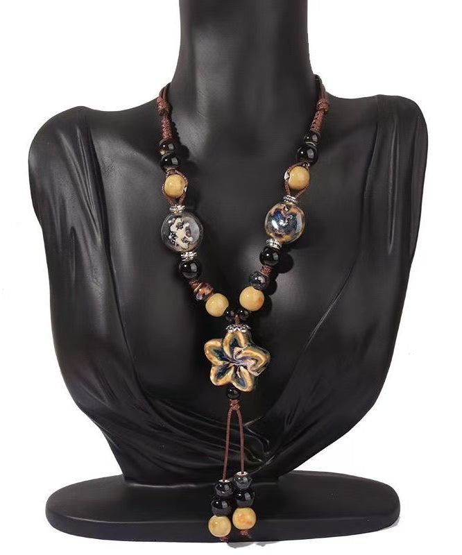 Handmade Coffee Alloy Wax Rope Ceramic Pendant Necklace