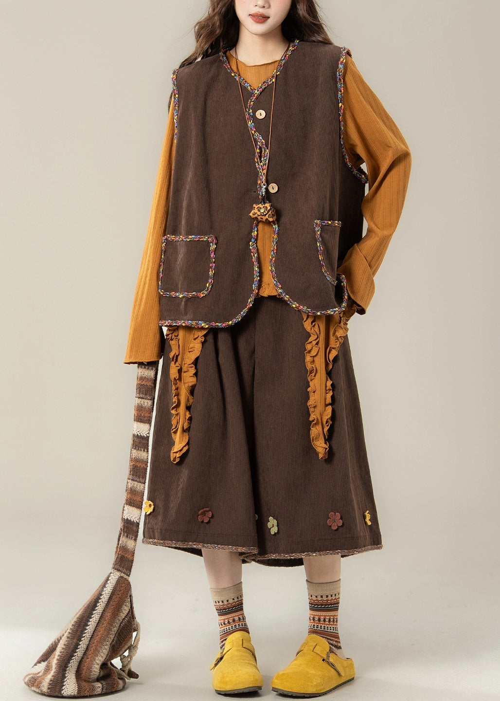 Handmade Coffee Button Corduroy Waistcoat ,Top And Crop Pants Three Pieces Set Fall