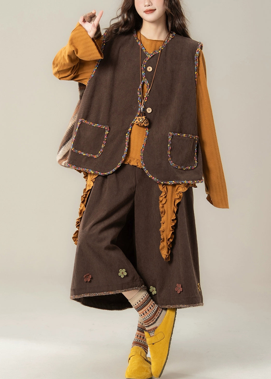 Handmade Coffee Button Corduroy Waistcoat ,Top And Crop Pants Three Pieces Set Fall