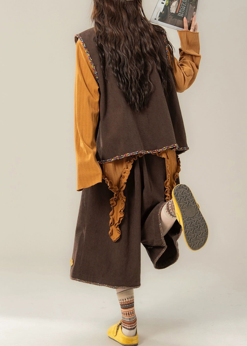 Handmade Coffee Button Corduroy Waistcoat ,Top And Crop Pants Three Pieces Set Fall