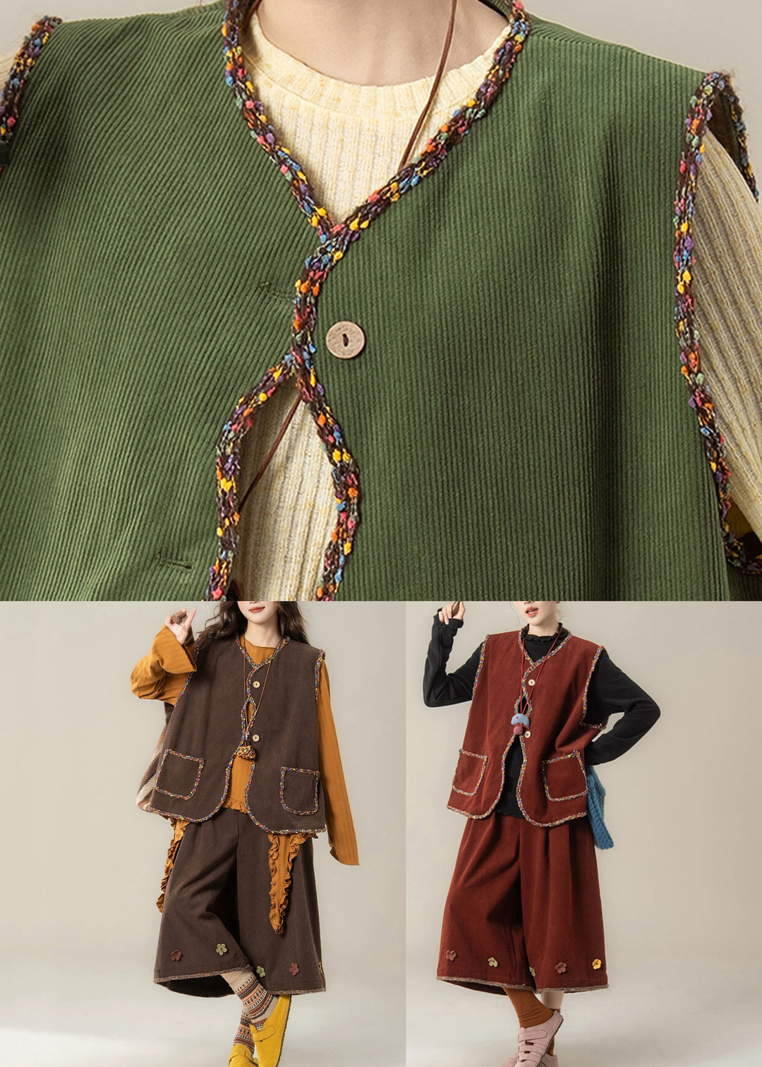 Handmade Coffee Button Corduroy Waistcoat ,Top And Crop Pants Three Pieces Set Fall