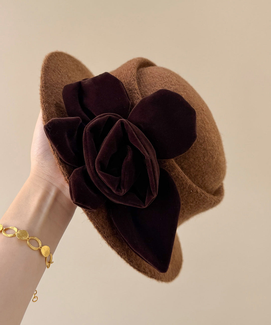 Handmade Coffee Floral Woolen Cloche Hat