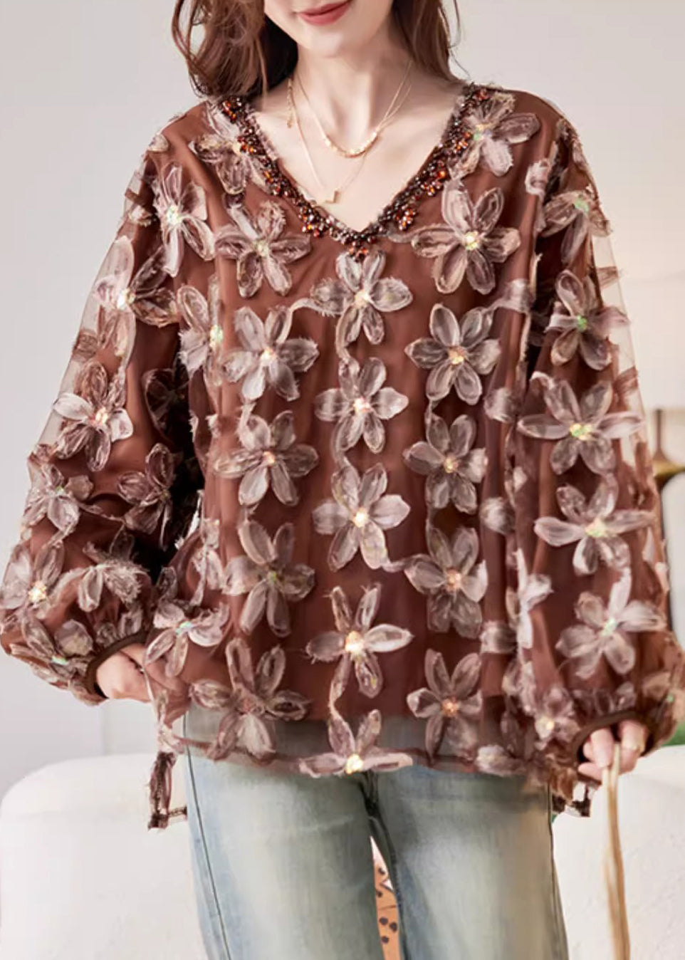 Handmade Coffee Nail Bead Sequins Floral Chiffon Shirt Spring
