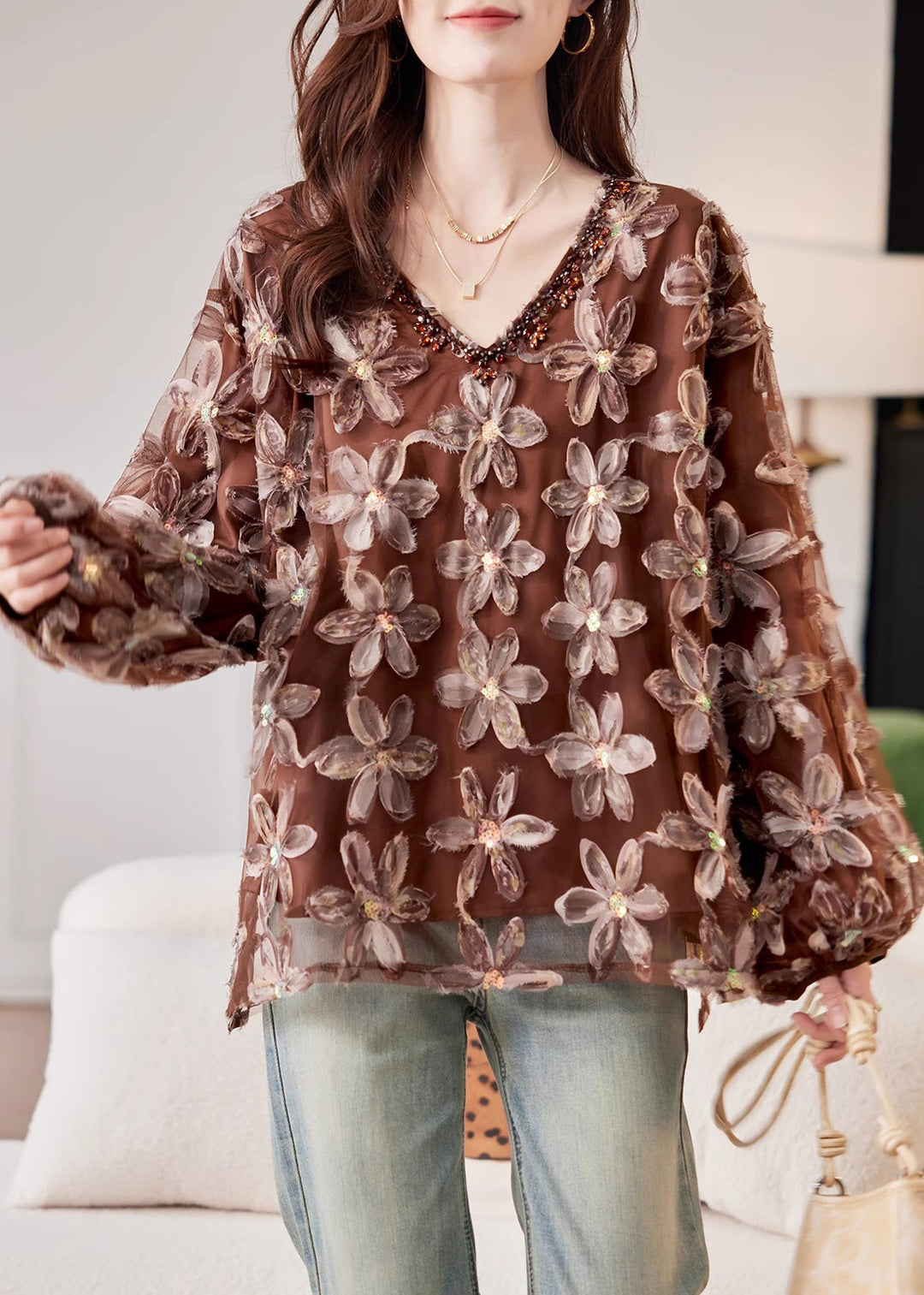 Handmade Coffee Nail Bead Sequins Floral Chiffon Shirt Spring