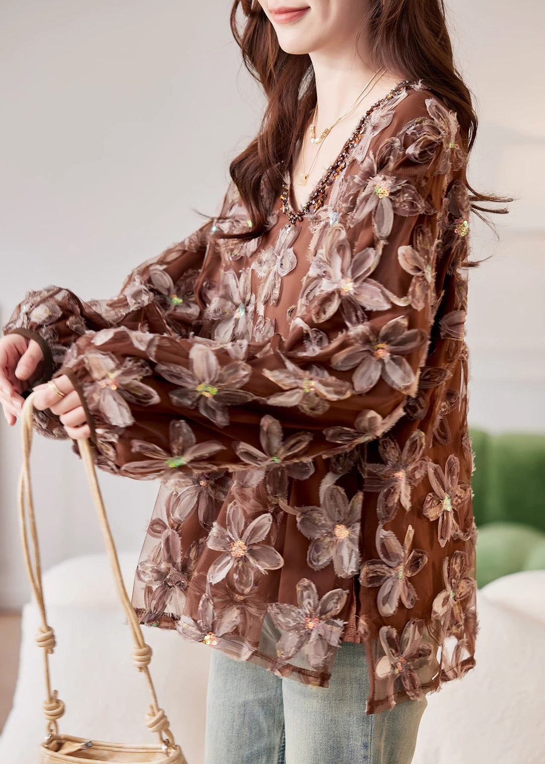 Handmade Coffee Nail Bead Sequins Floral Chiffon Shirt Spring