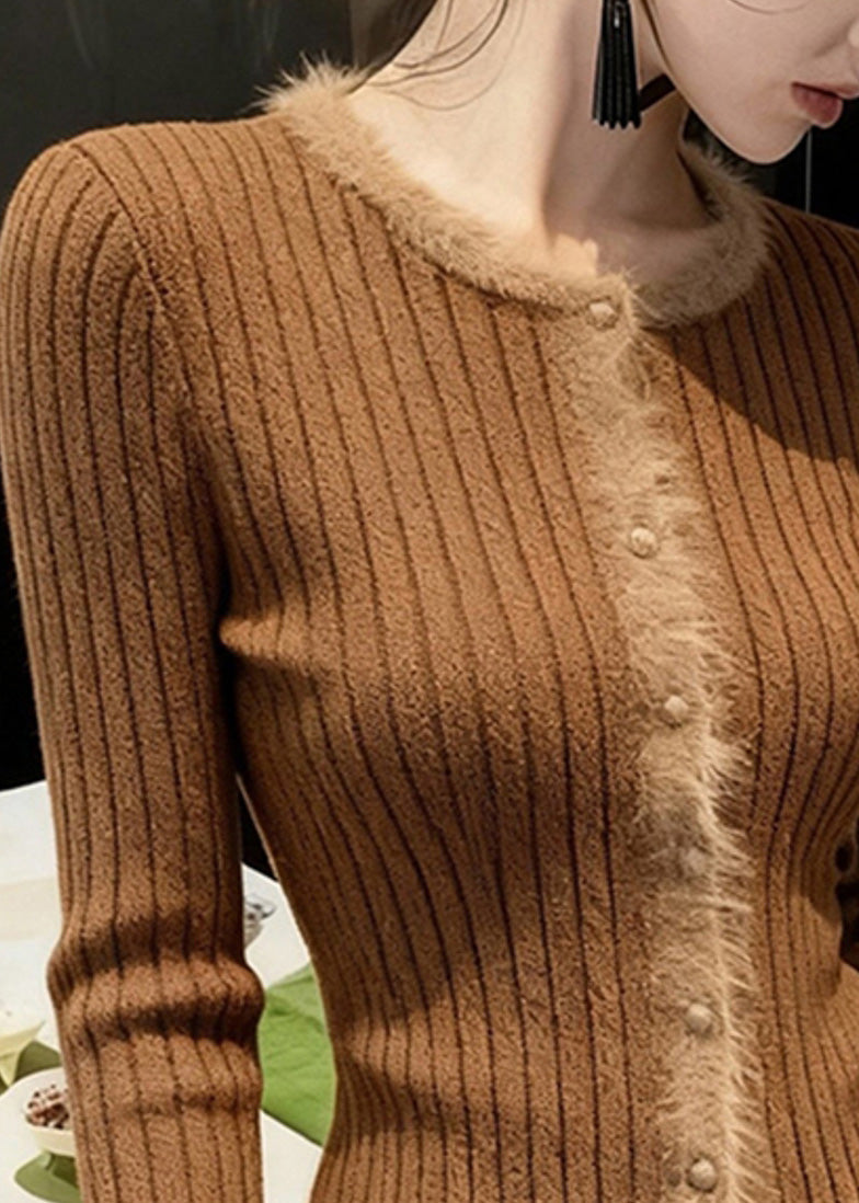 Handmade Coffee O Neck Fur Patchwork Knit Short Sweater Fall