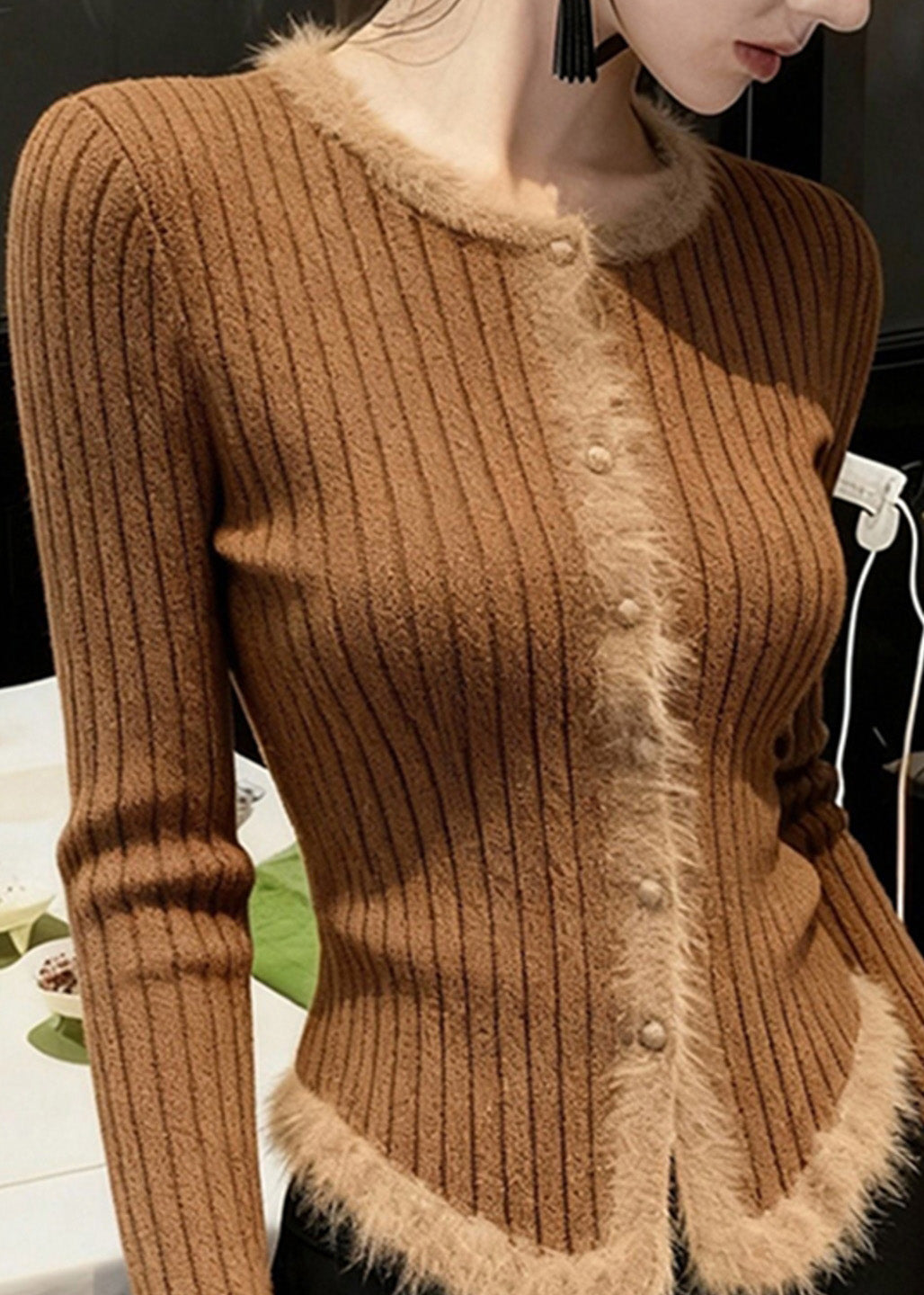 Handmade Coffee O Neck Fur Patchwork Knit Short Sweater Fall