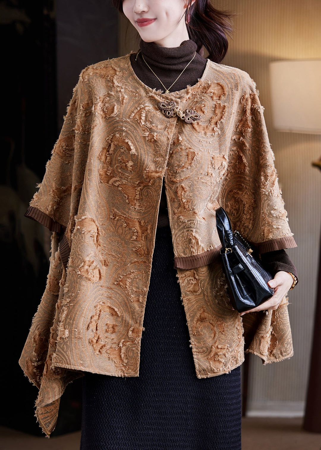 Handmade Coffee O-Neck Patchwork Coats Fall