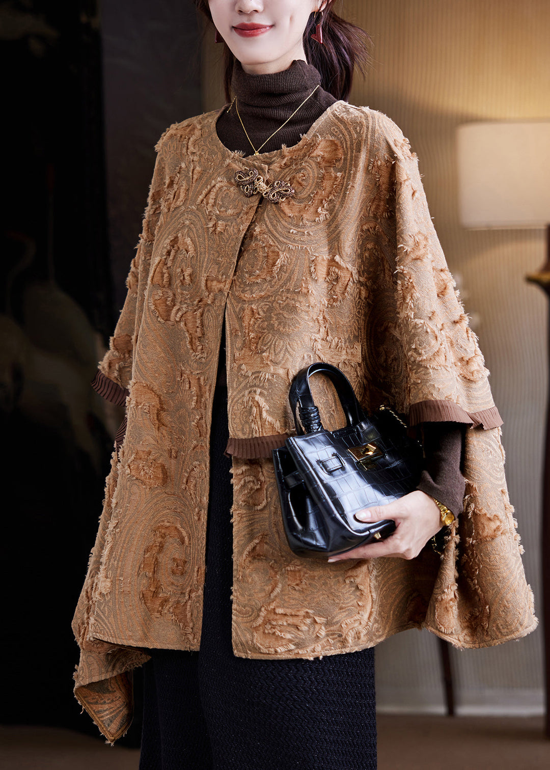 Handmade Coffee O-Neck Patchwork Coats Fall