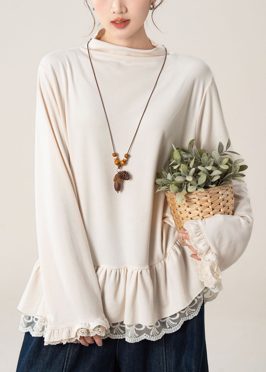 Handmade Coffee O-Neck Ruffled Patchwork Top Lantern Sleeve